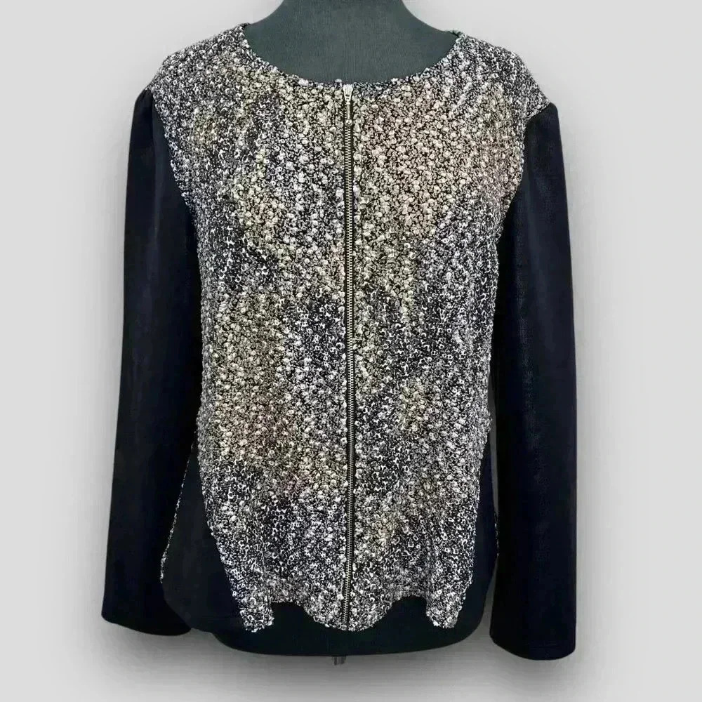 Crazy About Black Women's Textured Top L Black White Tan Zip Front